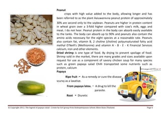 Peanut
                                                         crops with high value added to the body, allowing longer and has
                                                    been referred to as the plant Aaiuwanฒna peanut protein of approximately
                                                    30% are second only to the soybean. Peanuts are higher in protein content
                                                    in wheat grain over a 3-fold higher compared with cow's milk, eggs and
                                                    meat. I do not hear. Peanut protein in the body can absorb easily available
                                                    to the tanks. The body can absorb up to 90% and peanuts also contain the
                                                    amino acids necessary for the eight species at a reasonable rate. Peanuts
                                                    also contain fat, vitamin B, 2 choline (choline) polyunsaturated fatty acid
                                                    methyl O'Neill's (Methionine) and vitamin A - B - E - K Financial Services
                                                    calcium, iron and other elements.
                                                    Dried shrimp is one type of food. By drying to prevent spoilage of food.
                                                    Shrimp sold in the market, there are many grades and sizes available upon
                                                    request for use as a component of savory chicken soup for many species
                                                    such as green papaya salad Chilli transported some nutrients such as
                                                    protein, calcium
                                                    Papaya
                                                           Ripe fruit -- As a remedy or cure the disease
                                                    scurvy as a laxative.
                                                               From papaya latex.          -   A drug to kill the
                                                                                               parasite.
                                         .                     Root     -   Diuretic


© Copyright 2012. The legend of papaya salad : Create by Girl group from Koksipittayasan School. Khon Kean Thailand.      Page 6
 