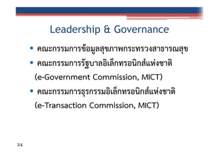 Leadership & Governance

• คณะกรรมการข้อมูลสุขภาพกระทรวงสาธารณสุข
• คณะกรรมการรัฐบาลอิเล็กทรอนิกส์แห่งชาติ
(e-Government Commission, MICT)
• คณะกรรมการธุรกรรมอิเล็กทรอนิกส์แห่งชาติ
(e-Transaction Commission, MICT)

24

 