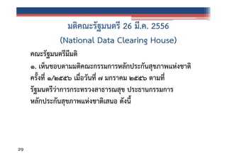 มติคณะรัฐมนตรี 26 มี.ค. 2556
(National Data Clearing House)
คณะรัฐมนตรีมีมติ
๑. เห็นชอบตามมติคณะกรรมการหลักประกันสุขภาพแห่งชาติ
ครั้งที่ ๑/๒๕๕๖ เมื่อวันที่ ๗ มกราคม ๒๕๕๖ ตามที่
รัฐมนตรีว่าการกระทรวงสาธารณสุข ประธานกรรมการ
หลักประกันสุขภาพแห่งชาติเสนอ ดังนี้

29

 