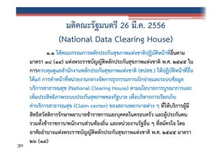 มติคณะรัฐมนตรี 26 มี.ค. 2556
(National Data Clearing House)

30

๑.๑ ให้คณะกรรมการหลักประกันสุขภาพแห่งชาติปฏิบัติหน้าที่อนตาม
ื่
มาตรา ๑๘ (๑๔) แห่งพระราชบัญญัติหลักประกันสุขภาพแห่งชาติ พ.ศ. ๒๕๔๕ ใน
การควบคุมดูแลสํานักงานหลักประกันสุขภาพแห่งชาติ (สปสช.) ให้ปฏิบัติหน้าที่อน
ื่
ได้แก่ การทําหน้าทีหน่วยงานกลางจัดการธุรกรรมการเบิกจ่ายและระบบข้อมูล
่
บริการสาธารณสุข (National Clearing House) ตามนโยบายการบูรณาการและ
เพิ่มประสิทธิภาพระบบประกันสุขภาพของรัฐบาล เพื่อบริหารการเรียกเก็บ
ค่าบริการสาธารณสุข (Claim center) ของสถานพยาบาลต่าง ๆ ที่ให้บริการผู้มี
สิทธิสวัสดิการรักษาพยาบาลข้าราชการและบุคคลในครอบครัว และผู้ประกันตน
รวมทั้งข้าราชการ/พนักงานส่วนท้องถิ่น และหน่วยงานรัฐอื่น ๆ ที่สมัครใจ โดย
อาศัยอํานาจแห่งพระราชบัญญัติหลักประกันสุขภาพแห่งชาติ พ.ศ. ๒๕๔๕ มาตรา
๒๖ (๑๔)

 