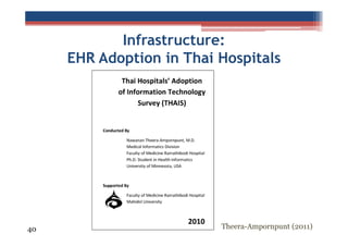 Infrastructure:
EHR Adoption in Thai Hospitals

40

Theera-Ampornpunt (2011)

 
