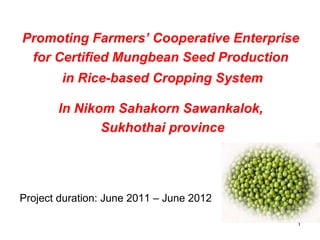 Promoting Farmers’ Cooperative Enterprise  for Certified Mungbean Seed Production  in Rice-based Cropping System In Nikom Sahakorn Sawankalok,  Sukhothai province Project duration:   June 2011 – June 2012  