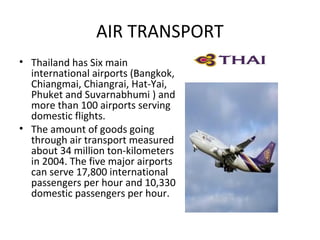 AIR TRANSPORT
• Thailand has Six main
  international airports (Bangkok,
  Chiangmai, Chiangrai, Hat-Yai,
  Phuket and Suvarnabhumi ) and
  more than 100 airports serving
  domestic flights.
• The amount of goods going
  through air transport measured
  about 34 million ton-kilometers
  in 2004. The five major airports
  can serve 17,800 international
  passengers per hour and 10,330
  domestic passengers per hour.
 