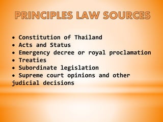 • Constitution of Thailand
• Acts and Status
• Emergency decree or royal proclamation
• Treaties
• Subordinate legislation
• Supreme court opinions and other
judicial decisions
 