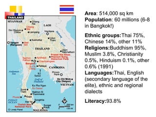 Area: 514,000 sq km
Population: 60 millions (6-8
in Bangkok!)
Ethnic groups:Thai 75%,
Chinese 14%, other 11%
Religions:Buddhism 95%,
Muslim 3.8%, Christianity
0.5%, Hinduism 0.1%, other
0.6% (1991)
Languages:Thai, English
(secondary language of the
elite), ethnic and regional
dialects
Literacy:93.8%
Prime Minister: Thaksin
 