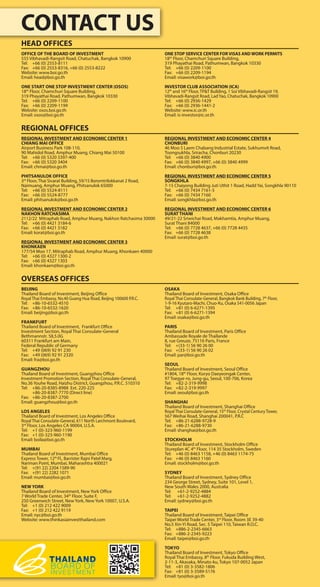 CONTACT US
HEAD OFFICES
OFFICE OF THE BOARD OF INVESTMENT
555 Vibhavadi-Rangsit Road, Chatuchak, Bangkok 10900
Tel: +66 (0) 2553-8111
Fax: +66 (0) 2553-8316, +66 (0) 2553-8222
Website: www.boi.go.th
Email: head@boi.go.th
ONE START ONE STOP INVESTMENT CENTER (OSOS)
18th
Floor, Chamchuri Square Building,
319 Phayathai Road, Pathumwan, Bangkok 10330
Tel: +66 (0) 2209-1100
Fax: +66 (0) 2209-1199
Website: osos.boi.go.th
Email: osos@boi.go.th
ONE STOP SERVICE CENTER FOR VISAS AND WORK PERMITS
18th
Floor, Chamchuri Square Building,
319 Phayathai Road, Pathumwan, Bangkok 10330
Tel: +66 (0) 2209-1100
Fax: +66 (0) 2209-1194
Email: visawork@boi.go.th
INVESTOR CLUB ASSOCIATION (ICA)
12th
and 16th
Floor, TP&T Building, 1 Soi Vibhavadi-Rangsit 19,
Vibhavadi-Rangsit Road, Lad Yao, Chatuchak, Bangkok 10900
Tel: +66 (0) 2936-1429
Fax: +66 (0) 2936-1441-2
Website: www.ic.or.th
Email: is-investor@ic.or.th
REGIONAL OFFICES
REGIONAL INVESTMENT AND ECONOMIC CENTER 1
CHIANG MAI OFFICE
Airport Business Park 108-110,
90 Mahidol Road, Amphur Muang, Chiang Mai 50100
Tel: +66 (0) 5320 3397-400
Fax: +66 (0) 5320 3404
Email: chmai@boi.go.th
PHITSANULOK OFFICE
3rd
Floor, Thai Sivarat Building, 59/15 Boromtrilokkanat 2 Road,
Naimuang, Amphur Muang, Phitsanulok 65000
Tel: +66 (0) 5524-8111
Fax: +66 (0) 5524-8777
Email: phitsanulok@boi.go.th
REGIONAL INVESTMENT AND ECONOMIC CENTER 2
NAKHON RATCHASIMA
2112/22 Mitraphab Road, Amphur Muang, Nakhon Ratchasima 30000
Tel: +66 (0) 4421 3184-6
Fax: +66 (0) 4421 3182
Email: korat@boi.go.th
REGIONAL INVESTMENT AND ECONOMIC CENTER 3
KHONKAEN
177/54 Moo 17, Mitraphab Road, Amphur Muang, Khonkaen 40000
Tel: +66 (0) 4327 1300-2
Fax: +66 (0) 4327 1303
Email: khonkaen@boi.go.th
REGIONAL INVESTMENT AND ECONOMIC CENTER 4
CHONBURI
46 Moo 5 Laem Chabang Industrial Estate, Sukhumvit Road,
Toongsukhla, Sriracha, Chonburi 20230
Tel: +66 (0) 3840 4900
Fax: +66 (0) 3840 4997, +66 (0) 3840 4999
Email: chonburi@boi.go.th
REGIONAL INVESTMENT AND ECONOMIC CENTER 5
SONGKHLA
7-15 Chaiyong Building Juti Uthit 1 Road, Hadd Yai, Songkhla 90110
Tel: +66 (0) 7434 7161-5
Fax: +66 (0) 7434 7160
Email: songkhla@boi.go.th
REGIONAL INVESTMENT AND ECONOMIC CENTER 6
SURAT THANI
49/21-22 Sriwichai Road, Makhamtia, Amphur Muang,
Surat Thani 84000
Tel: +66 (0) 7728 4637, +66 (0) 7728 4435
Fax: +66 (0) 7728 4638
Email: surat@boi.go.th
OVERSEAS OFFICES
BEIJING
Thailand Board of Investment, Beijing Office
Royal Thai Embassy, No.40 Guang Hua Road, Beijing 100600 P.R.C.
Tel: +86-10-6532-4510
Fax: +86-10-6532-1620
Email: beijing@boi.go.th
FRANKFURT
Thailand Board of Investment, Frankfurt Office
Investment Section, Royal Thai Consulate-General
Bethmannstr. 58,5.0G
60311 Frankfurt am Main,
Federal Republic of Germany
Tel: +49 (069) 92 91 230
Fax: +49 (069) 92 91 2320
Email: fra@boi.go.th
GUANGZHOU
Thailand Board of Investment, Guangzhou Office
Investment Promotion Section, Royal Thai Consulate-General,
No.36 Youhe Road, Haizhu District, Guangzhou, P.R.C. 510310
Tel: +86-20-8385-8988 Ext. 220-225
+86-20-8387-7770 (Direct line)
Fax: +86-20-8387-2700
Email: guangzhou@boi.go.th
LOS ANGELES
Thailand Board of Investment, Los Angeles Office
Royal Thai Consulate-General, 611 North Larchmont Boulevard,
3rd
Floor, Los Angeles CA 90004, U.S.A.
Tel: +1 (0)-323-960-1199
Fax: +1 (0)-323-960-1190
Email: boila@boi.go.th
MUMBAI
Thailand Board of Investment, Mumbai Office
Express Tower, 12th
Fl., Barrister Rajni Patel Marg,
Nariman Point, Mumbai, Maharashtra 400021
Tel: +(91 22) 2204 1589-90
Fax: +(91 22) 2282 1071
Email: mumbai@boi.go.th
NEW YORK
Thailand Board of Investment, New York Office
7 World Trade Center, 34th
Floor. Suite F,
250 Greenwich Street, New York, New York 10007, U.S.A.
Tel: +1 (0) 212 422 9009
Fax: +1 (0) 212 422 9119
Email: nyc@boi.go.th
Website: www.thinkasiainvestthailand.com
OSAKA
Thailand Board of Investment, Osaka Office
Royal Thai Consulate-General, Bangkok Bank Building, 7th
Floor,
1-9-16 Kyutaro-Machi, Chuo-Ku, Osaka 541-0056 Japan
Tel: +81 (0) 6-6271-1395
Fax: +81 (0) 6-6271-1394
Email: osaka@boi.go.th
PARIS
Thailand Board of Investment, Paris Office
Ambassade Royale de Thaïlande
8, rue Greuze, 75116 Paris, France
Tel: +(33-1) 56 90 26 00
Fax: +(33-1) 56 90 26 02
Email: par@boi.go.th
SEOUL
Thailand Board of Investment, Seoul Office
#1804, 18th
Floor, Koryo Daeyeongak Center,
97 Toegye-ro, Jung-gu, Seoul, 100-706, Korea
Tel: +82-2-319-9998
Fax: +82-2-319-9997
Email: seoul@boi.go.th
SHANGHAI
Thailand Board of Investment, Shanghai Office
Royal Thai Consulate-General, 15th
Floor, Crystal Century Tower,
567 Weihai Road, Shanghai 200041, P.R.C
Tel: +86-21-6288-9728-9
Fax: +86-21-6288-9730
Email: shanghai@boi.go.th
STOCKHOLM
Thailand Board of Investment, Stockholm Office
Stureplan 4C 4th
Floor, 114 35 Stockholm, Sweden
Tel: +46 (0) 8463 1158, +46 (0) 8463 1174-75
Fax: +46 (0) 8463 1160
Email: stockholm@boi.go.th
SYDNEY
Thailand Board of Investment, Sydney Office
234 George Street, Sydney, Suite 101, Level 1,
New South Wales 2000, Australia
Tel: +61-2-9252-4884
Tel: +61-2-9252-4882
Email: sydney@boi.go.th
TAIPEI
Thailand Board of Investment, Taipei Office
Taipei World Trade Center, 3rd
Floor, Room 3E 39-40
No.5 Xin-Yi Road, Sec. 5 Taipei 110, Taiwan R.O.C.
Tel: +886-2-2345-6663
Fax: +886-2-2345-9223
Email: taipei@boi.go.th
TOKYO
Thailand Board of Investment, Tokyo Office
Royal Thai Embassy, 8th
Floor, Fukuda Building West,
2-11-3, Akasaka, Minato-ku, Tokyo 107-0052 Japan
Tel: +81 (0) 3-3582-1806
Fax: +81 (0) 3-3589-5176
Email: tyo@boi.go.th
 