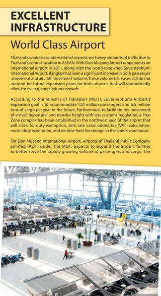 EXCELLENT
INFRASTRUCTURE
World Class Airport
Thailand’s world class international airports see heavy amounts of traffic due to
Thailand’s central location in ASEAN.With Don Mueang Airport reopened as an
international airport in 2011, along with the world-renowned Suvarnabhumi
InternationalAirport,Bangkokhasseenasignificantincreaseinbothpassenger
movement and aircraft movement volume.These volume increases still do not
account for future expansion plans for both airports that will undoubtedly
allow for even greater volume growth.
According to the Ministry of Transport (MOT), Suvarnabhumi Airport’s
expansion goal is to accommodate 120 million passengers and 6.5 million
tons of cargo per year in the future. Furthermore, to facilitate the movement
of arrival, departure, and transfer freight with less customs regulation, a Free
Zone complex has been established in the northwest area of the airport that
will allow for duty exemption, zero rate value added tax (VAT) calculation,
excise duty exemption, and no time limit for storage in the zone’s warehouse.
For Don Mueang International Airport, Airports of Thailand Public Company
Limited (AOT) under the MOT, expects to expand the airport further
to better serve the rapidly growing volume of passengers and cargo. The
 