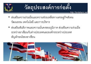วัตถุุประสงค์ การก่ อตัง
                                    ้
• ส่งเสริ มความร่วมมือและความช่วยเหลือทางเศรษฐกิจสังคม
  สงเสรมความรวมมอและความชวยเหลอทางเศรษฐกจสงคม
  วัฒนธรรม เทคโนโลยี และการบริ หาร
• ส่งเสริ มสันติภาพและความมันคงของภูมิภาค ส่งเสริ มความร่วมมือ
                            ่
  ระหวางอาเซยนกบตางประเทศและองคกรระหวางประเทศ
  ระหว่างอาเซียนกับต่างประเทศและองค์กรระหว่างประเทศ
  สัญลักษณ์ของอาเซียน
 