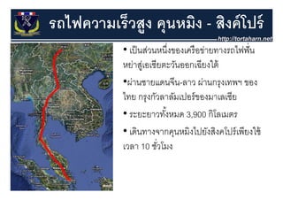 รถไฟความเร็วสูง คุุนหมิง - สิงค์ โปร์
            • เป็ นส่วนหนึงของเครื อข่ายทางรถไฟฟั่ น
                             ่
            หย่าสูเ่ อเซียตะวันออกเฉียงใต้
            •ผ่านชายแดนจีีน-ลาว ผ่านกรุงเทพฯ ของ
            ไทย กรงกัวลาลัมเปอร์ ของมาเลเซีย
                     ุ
            • ระยะยาวทังหมด 3,900 กิโลเมตร
                           ้
            • เดินทางจากคุนหมิงไปยังสิงคโปร์ เพียงใช้
            เวลา 10 ชัวโมง
                       ชวโมง
                         ่
 