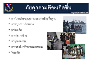 ภัยคุุกคามที่จะเกิดขึน
                                   ้
•   การไหลบาของแรงงานและการย้้ ายถนฐาน
       ไ ่                        ิ่
•   อาชญากรรมขามชาต
    อาชญากรรมข้ ามชาติ
•   ยาเสพติด
•   การก่อการร้ าย
•   อาวุธสงคราม
•   การแยงชงทรพยากรทางทะเล
    การแย่งชิงทรัพยากรทางทะเล
•   โจรสลัด
 