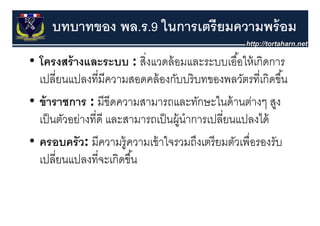 บทบาทของ พล.ร.9 ในการเตรี ยมความพร้ อม
• โครงสร้ างและระบบ : สิงแวดล้ อมและระบบเอื ้อให้ เกิดการ
                             ่
  โครงสรางและระบบ : สงแวดลอมและระบบเออใหเกดการ
  เปลียนแปลงที่มีความสอดคล้ องกับบริ บทของพลวัตรที่เกิดขึ ้น
       ่
• ข้ าราชการ : มีขีดความสามารถและทักษะในด้ านต่างๆ สูง
  เป็ นตัวอย่างทีี่ดี และสามารถเป็ นผู้นําการเปลียนแปลงได้
                                                 ี่        ไ
• ครอบครว: มีีความรู้ ความเข้้ าใ
            ั                    ใจรวมถึงเตรีี ยมตัวเพืื่อรองรัับ
                                           ึ        ั
  เปลียนแปลงที่จะเกิดขึ ้น
         ่
 
