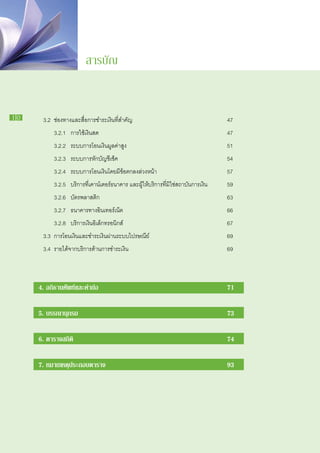 สารบัญ


10   	   3.2 	ช่องทางและสื่อการชำระเงินที่สำคัญ					                                   47
     		     3.2.1	 การใช้เงินสด							                                                 47
     		     3.2.2	 ระบบการโอนเงินมูลค่าสูง						                                       51
     		     3.2.3	 ระบบการหักบัญชีเช็ค						                                           54
     		     3.2.4	 ระบบการโอนเงินโดยมีข้อตกลงล่วงหน้า				                              57
     		     3.2.5 	 บริการที่เคาน์เตอร์ธนาคาร และผู้ให้บริการที่มิใช่สถาบันการเงิน		   59
     		     3.2.6 	 บัตรพลาสติก							                                                 63
     		     3.2.7 	 ธนาคารทางอินเทอร์เน็ต						                                        66
     		     3.2.8 	 บริการเงินอิเล็กทรอนิกส์						                                     67
     	   3.3	 การโอนเงินและชำระเงินผ่านระบบไปรษณีย์					                               69
     	   3.4	 รายได้จากบริการด้านการชำระเงิน						                                     69



         4. อภิธานศัพท์และคำย่อ							                                                 71

         5. บรรณานุกรม								                                                         73

         6. ตารางสถิติ								                                                         74

         7. หมายเหตุประกอบตาราง							                                                 93
 