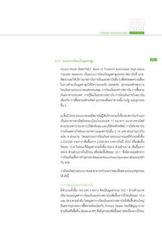 PAYMENT
                                                                              SYSTEMS
                                                                              R E P ORT

                                                รายงานระบบการชำระเงิน
                                                                               2010
                                                                                  2 5 5 3




	 3.2.2		 ระบบ​ าร​ อน​งิน​ ูลค่า​ ูง
              ก โ เ ม ส                                                                           51


		 ระบบ​บาท​เนต (BAHTNET: Bank of Thailand Automated High-Value
		 Transfer Network) เป็น​ระบบ​การ​โอน​เงิน​มูลค่า​สูง​ระหว่าง​สถาบัน​ที่ ธปท.
		 พัฒนา​และ​ให้บริการ​แก่สถาบันการ​เงินและ​สถาบันอน ๆ เพือชวย​ลด​ความ​เสียง​
                   ​        ​          ​     ​         ​ ื่     ่ ​่            ่
		 ใน​การ​ชำระ​เงิน​มูลค่า​สูง​ให้​มี​ความ​รวดเร็ว ปลอดภัย ธุรกรรม​หลัก​ของ​การ
		​โอน​เงิน​ผ่าน​ระบบ​บาท​เนต​ครอบคลุม การ​โอน​เงิน​ระหว่าง​สถาบัน การ​ซื้อ​ขาย​
		 เงิน​ตรา​ต่าง​ประเทศ การ​กู้​ยืม​เงิน​ระหว่าง​สถาบัน การ​โอน​เงิน​ภายใน​สถาบัน​
		 เดียวกัน การ​ซื้อ​ขาย​หลัก​ทรัพย์ ธุรกรรม​เพื่อ​ตราสาร​หนี้​ภาค​รัฐ และ​ธุรกรรม​
		 อื่น ๆ

		       ณ สินปี 2553 ระบบ​บาท​เนต​มสถาบันผใช้บริการ​รวม​ทงสน 66 สถาบัน จำแนก​
              ้ ​                        ​ี     ​ ​ู้ ​            ั้ ​ ิ้
		       เป็น​ธนาคาร​พาณิชย์​จด​ทะเบียน​ใน​ประเทศ 17 ธนาคาร ธนาคาร​พาณิชย์​
		       ต่าง​ประเทศ 15 ธนาคาร บริษทเงินทน และ​บริษทหลักทรัพย์ 11 บริษท สถาบัน​
                                        ั ​ ​ุ               ั ​ ​                ั
		       การ​เงิน​เฉพาะ​กิจ​ส่วน​งาน​ราชการ​และ​สถาบัน​อื่น ๆ 14 แห่ง ส่วน​งาน​ภายใน
		       ธปท. 9 ส่วน​งาน โดย​ธุรกรรม​การ​โอน​เงิน​ผ่าน​ระบบ​บาท​เนต​มี​จำนวน​ทั้ง​สิ้น
		       2,323,258 รายการ เพิ่ม​ขึ้น​จาก 2,004,954 รายการ​ใน​ปี 2552 หรือ​เพิ่ม​ขึ้น​
		       ร้อย​ละ 15.9 ใน​ขณะ​ที่​มี​มูลค่า​รวม​ทั้ง​สิ้น 654.6 ล้าน​ล้าน​บาท เพิ่ม​ขึ้น​จาก
		       489.6 ล้าน​ล้าน​บาท​ใน​ปี​ก่อน หรือ​เพิ่ม​ขึ้น​ร้อย​ละ 33.7 ซึ่ง​มี​สาเหตุ​หลัก​จาก​
		       การ​โอน​เงินเ​พือการ​ทำ​ธรกรรม Bilateral Repurchase Operation (Bilateral RP)
                         ่​       ุ
		       กับ ธปท.

		       การ​โอน​เงินผาน​ระบบ​บาท​เนต สามารถ​จำแนก​ราย​ละเอียด​ตาม​ประเภท​ธรกรรม​
                     ​่                                                    ุ
		       ได้ ดังนี้

		       1) การ​โอน​เงิน​ระหว่าง​สถาบัน
		       มี​จำนวน​ทั้ง​สิ้น 164,044 รายการ คิด​เป็น​มูลค่า​รวม 502.1 ล้าน​ล้าน​บาท
		       ปริมาณ​และ​มูลค่า​การ​โอน​เงิน​ระหว่าง​สถาบัน​เพิ่ม​ขึ้น​จาก​ปี​ก่อน​ร้อย​ละ 10.0
		       และ 38.8 ตาม​ลำดับ โดย​มูลค่า​การ​โอน​เงิน​ระหว่าง​สถาบัน​ที่​เพิ่ม​ขึ้น​ส่วน​ใหญ่​
		       มี​ผล​จาก​ธุรกรรม​การ​ซื้อ​ขาย​พันธบัตร​กับ Primary Dealer โดย​มี​สัญญา​ว่าจะ​       ​
		       ขาย​คืน​หรือ​ซื้อคืน (Bilateral RP) ซึ่งมี​ธุรกรรม​เพิ่ม​ขึ้น​อย่าง​ต่อเนื่องจาก​ปก่อน
                          ​                      ​                              ​          ี​
 