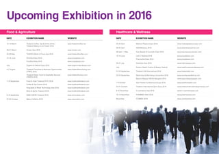 Upcoming Exhibition in 2016
Food & Agriculture
Date			Exhibition Name 				 Website
10-13 March		 Thailand Coffee, Tea & Drinks 2016 /		 www.thailandcoffee.net
			 Thailand Bakery & Ice Cream 2016
29-31 March 		 Victam Asia 2016				 www.victam.com
25-29 May 		 THAIFEX-World of Food Asia 2016		 www.thailandfoodfair.com
15-18 June 		 DrinkTechAsia 2016				 www.propakasia.com
	 		 FoodTechAsia 2016				 www.propakasia.com
July 			 Organic & Natural Expo 2016			 www.organicnaturalexpo.com
4-7 August		 Thailand Franchise & Business Opportunities	 www.thailandfranchising.com
			(TFBO) 2016
			 Thailand Retail, Food & Hospitality Services	 www.thailandhoreca.com
			(TRAFS) 2016
7-10 September 		 Food & Hotel Thailand (FHT) 2016		 www.foodhotelthailand.com
			 Coffee & Tea Culture 2016			 www.foodhotelthailand.com
			 Hospitality & Retail Technology Asia 2016		 www.foodhotelthailand.com
			 Wine & Spirits Thailand 2016			 www.foodhotelthailand.com
8-10 September 		 SIMA ASEAN Thailand 2016			 www.sima-asean.com
27-30 October 		 Makro HoReCa 2016				 www.siammakro.com
Healthcare & Wellness
Date			Exhibition Name 				 Website
25-26 April 		 Medical Plastics Expo 2016			 www.medicalplastics-expo.com
28-30 April 		 ASEANbeauty 2016				 www.aseanbeautyshow.com
28 April -1 May 		 Asia Beauty & Cosmetic Expo 2016		 www.asia-beautycosmetic.com
15-18 June 		 Lab & TestAsia 2016				 www.propakasia.com
	 		 PharmaTechAsia 2016				 www.propakasia.com
25-27 July		 InterCare Asia 2016				 www.intercareasia.com
July 			 Amarin Health Cuisine & Beauty Festival		 www.healthcuisineandbeauty.com
21-23 September 	 Thailand LAB International 2016			 www.thailandlab.com
22-24 September 	 World Spa & Well-being Convention 2016		 www.worldspawellbeing.com
		 	 Beyond Beauty ASEAN Bangkok 2016		 www.beyondbeautyasean.com
7-9 October		 Asia Fitness Conference & Expo 2016		 www.asiafitnessbkk.com
23-27 October 		 Thailand International Sport Expo 2016		 www.thailandinternationalsportexpo.com
8-10 November 		 in-cosmetics Asia 2016	 			 www.in-cosmeticsasia.com
10-12 November 	 PHARMEX ASIA 2016				 www.pharmexasia.com
November 		 COSMEX 2016					 www.cosmexshow.com
 