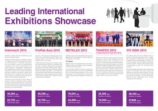 Intermach 2015
ASEAN’s Largest International Machinery and
Subcontracting Exhibition
Thailand’s well-developed automotive industry
(9th
largest in the world) has made the country
a prime consumer of industrial machinery.
This has created a vibrant and sophisticated
marketplace for parts manufacturers and
support services. Increasingly, manufacturers
from neighbouring countries too are looking to
Thailand to source for the latest machineries
and parts. Intermach has grown in tandem with
Southeast Asia’s industrial machinery sector
and is today a must-attend event among the
region’s manufacturing professionals.
Intermach will also play host to the 9th
edition of
Subcon Thailand, Southeast Asia’s largest
international subcontracting event. Visitors will
be able to discover new business opportunities
with some of the world’s largest industrial parts
producers and subcontractors.
Leading International
Exhibitions Showcase
40,284 pax
Number of visitors
25,725 sq.m
Total Gross space
ProPak Asia 2015
Asia’s No.1 Processing and Packaging Event for
Food, Drink and Pharmaceutical Industry The
biggest edition ever with more than 1,600
exhibitors from 44 countries!
ProPak Asia keeps growing as the food, drinks
and pharmaceutical sectors in Southeast Asia
continue to expand. Manufacturers throughout
the region are actively seeking better ways to
deal with issues such as cost, productivity, safety,
energy and health mandates – all of which will
be covered at ProPak Asia, where the world’s top
suppliers and thought leaders will give visitors
a wide variety of ideas and solutions to remain
competitive and profitable.
METALEX 2015
ASEAN’s Largest International Machine Tools and
Metalworking Technologies Trade Exhibition &
Conference - 29th
Edition
The biggest:
Metalex 2015 is the largest show of its kind in
ASEAN. 4,000 new machinery and technologies,
2,700 brands, 50 countries
The free-trade ASEAN Economic Community
will come into effect by end 2015 and METALEX
2015 will help generate ideas for you to take
advantage of this development. Survey the
market, assess the technologies and strike new
deals!
THAIFEX 2015
(Thaifex-World of food Asia 2015)
World of Food ASIA is a world-class food-industry
showcase in Asia to meet, establish your new
business networks and to heighten your
success. This one-stop food exhibition will feature
latest food producing technologies, food safety
standards, related businesses and services, as
well as, a most fascinating culinary experience
from the world of food. THAIFEX - World of Food
ASIA 2015 proves its mettle as one of Asia’s top
food and hospitality exhibition by welcoming
1,675 exhibitors from 33 countries and 35,205
quality buyers to source and purchase.
VIV ASIA 2015
The World’s Most Promising Meeting Point to
Boost Your Future Business from “Feed – to- Meat”
Set to become a “World Expo” for the animal
husbandy and processing trade,VIV Asia is one
of Asia’s largest, most international exhibitions
serving the entire “Feed-to-meat” supply chain
including eggs, poultry, fish, meat and dairy
products.
Strong population growth and rising purchasing
power in Southeast Asia have raised the
demand for meal and protein products. VIV Asia
2015 will see the debut of two new themes: pork
production and biogas in animal agriculture.
More than 850 companies and 35,000
professionals are expected.
39,298 pax
Number of visitors
32,750 sq.m
Total Gross space
76,054 pax
Number of visitors
44,269 sq.m
Total Gross space
35,205 pax
Number of visitors
70,000 sq.m
Total Gross space
38,425 pax
Number of visitors
37,806 sq.m
Total Gross space
 