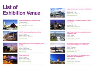 List of
Exhibition Venue
Queen Sirikit National Convention Center
Location: Bangkok
Number of halls: 3 Halls
2016 Gross indoor: 13,971 sq.m.
www.qsncc.com
IMPACT Exhibition and Convention Center
Location: Bangkok
Number of halls: 13 Halls
2016 Gross indoor: 137,000 sq.m.
www.impact.co.th
Bangkok International Trade & Exhibition Centre
(BITEC)
Location: Bangkok
Number of halls: 6 Halls
2016 Gross indoor: 7,000 sq.m.
www.bitec.co.th
Royal Paragon Hall
Location: Bangkok
Number of halls: 3 Halls
2016 Gross indoor: 7,800 sq.m.
www.royalparagonhall.com
Centara Grand & Bangkok Convention Centre at
CentralWorld
Location: Bangkok
Number of halls: 1 Hall
2016 Gross indoor: 5,403 sq.m.
www.centarahotelsresorts.com
Royal Phuket Marina International Exhibition &
Convention Center
Location: Phuket
Number of halls: N/A
2016 Gross indoor: 2,500 sq.m.
www.navyhall.com
The International Convention and Exhibition Centre
Commemorating His Majesty’s 7th
Cycle Birthday
Anniversary
Location: Chiang Mai
Number of halls: N/A
2016 Gross indoor: 8,505 sq.m.
www.pinkanakorn.or.th
The 60th
anniversary of His Majesty the King’s
accession to the throne (PSUICC)
Location: Songkhla
Number of halls: 2 Halls
2016 Gross indoor: 4,880 sq.m.
www.icchatyai.com
Pattaya Exhibition and Convention Hall (PEACH)
Location: Chonburi
Number of halls: 1 Hall
2016 Gross indoor: 6,925 sq.m.
www.peachthailand.com
 