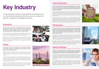Key Industry
A high potential market for global MICE businesses with
our vibrant free-enterprise economy and pro-investment
policies, Thailand’s 5 highlight industries.
Automotive
Practically all of the world’s major automakers and auto parts
manufacturers have a presence in Thailand, and it’s no wonder: the
high service standards, strategic location, and ease with which one
can do business make it a prime location in the auto industry.
So too does the fact that the ASEAN region’s second biggest economy has the
largest vehicle-assembling capacity as well as low tariffs that have prompted a
surge in exports. Thailand ships vehicles to 130 countries worldwide.
Not only are manufacturing and assembly key components of Thailand’s
automotive space, foreign car companies are investing in technical and R&D
facilities as well. It’s an innovative industry, too: in 2009, Toyota started
production of hybrid vehicles in Thailand in a natural gas-fuelled factory, the
first of its kind in ASEAN.
Energy
As Thailand continues to implement a new energy framework
that’s stable, sustainable, and affordable, opportunities for private-
sector involvement are abundant.
Southeast Asia’s second largest economy is experiencing rapid growth and
increased demands for energy, and with the country producing just 20% of the
crude oil it consumes, new measures are in place to reduce foreign oil
dependency.
There is a focus on efficient energy use, renewable energy development, and
systematic energy management with the goal of extending domestic reserves
in crude oil, natural gas, and coal. A secondary aim of this new initiative is for
Thailand to become a “Hub for Energy Trade” in the ASEAN region, and with
such change comes opportunity.
Domestic and foreign investment has spiked recently in areas like ethanol
production, solar cell manufacture and import, solar energy development,
biodiesel fuels engineered from Thailand’s bounty of cash crops, and public-
private partnerships to develop natural-gas powered vehicles.
Food & Agriculture
Every year, scores of international Food &Agribusiness trade shows
come to Thailand due to the business opportunities the events
present, and because of the wealth of destinations providing fun and
authentic experiences.
Food, and the business surrounding it, is ingrained in Thai culture. The country
is the only net food exporter in Asia, the result of an abundance of local natural
resources from which 80% of ingredients used in the food industry are
sourced. This allows for production at highly competitive prices and global
competitiveness.
There are nearly 10,000 food processing firms in Thailand today, which employ
roughly 600,000 people and generate annual earnings of $25 billion (USD).
International consumer markets are open to Thai-made products because
production methods and machinery meet the highest international standards,
and also because the products are top-quality and authentically Thai.
Infrastructure
Robust automotive, airline, and shipping industries; the ASEAN
region’s most extensive national highway system; investor-friendly
policies towards telecommunications expansion - these are just
a few of the advantages that have made Thailand one of Asia’s
leading logistics hubs.
Thanks to its strategic location in Southeast Asia - and a thorough
understanding of the importance of infrastructure - accessibility and
availability no longer present challenges as Thailand relies on its vast
network of roads, railways, airports, seaports and telecommunications
networks to support its export-oriented industrial sectors.
Recently, awareness has shifted to a much more innovative approach to
development and an emphasis on high-quality service, management, and
regulation of facilities and freight-handling capacity that will ensure
continued efficient cargo movement in and around the Kingdom.
Health & Wellness
Thailand is quickly becoming a regional hub for the medical
industry, and international firms are taking advantage of its facilities,
outstanding service, research and manufacturing capabilities.
Southeast Asia’s largest hospital can be found in Bangkok; the country was
the first in all of Asia to receive prestigious Joint Commission International (JCI)
accreditation; and there are over 1,000 public and 400 private facilities in
a nation often regarded as one of the world’s leading medical tourism
destinations.
As in Western countries, Thailand’s medical industry is serviced by fine
hospitals and physicians, long-term care facilities, health spas, diagnostic
laboratories, pharmacies, and the manufacture of drugs and medical
equipment. It’s also earning respect as a prime location for R&D and clinical
trials in advanced medicine such as stem cell therapy.
 