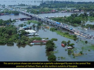 This aerial picture shows cars stranded on a partially-submerged fly-over in the central Thai
               province of Pathum Thani, on the northern outskirts of Bangkok.
 