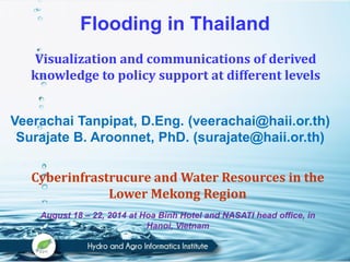 Flooding in Thailand 
Veerachai Tanpipat, D.Eng.(veerachai@haii.or.th) 
SurajateB. Aroonnet, PhD. (surajate@haii.or.th) 
August 18 –22, 2014 at HoaBinhHotel and NASATI head office, in Hanoi, Vietnam 
Cyberinfrastrucure and Water Resources in the Lower Mekong Region 
Visualization and communications of derived knowledge to policy support at different levels  
