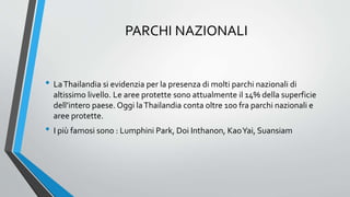 PARCHI NAZIONALI
• LaThailandia si evidenzia per la presenza di molti parchi nazionali di
altissimo livello. Le aree protette sono attualmente il 14% della superficie
dell’intero paese. Oggi laThailandia conta oltre 100 fra parchi nazionali e
aree protette.
• I più famosi sono : Lumphini Park, Doi Inthanon, KaoYai, Suansiam
 