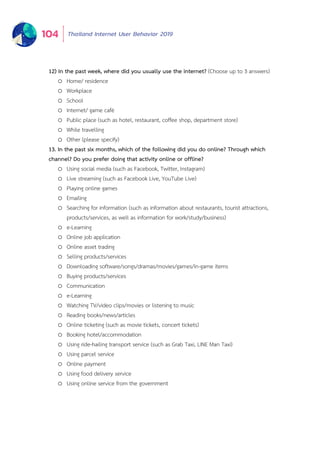 Thailand Internet User Behavior 2019104
12) In the past week, where did you usually use the internet? (Choose up to 3 answers)
o Home/ residence
o Workplace
o School
o Internet/ game café
o Public place (such as hotel, restaurant, coffee shop, department store)
o While travelling
o Other (please specify)
13. In the past six months, which of the following did you do online? Through which
channel? Do you prefer doing that activity online or offline?
o Using social media (such as Facebook, Twitter, Instagram)
o Live streaming (such as Facebook Live, YouTube Live)
o Playing online games
o Emailing
o Searching for information (such as information about restaurants, tourist attractions,
products/services, as well as information for work/study/business)
o e-Learning
o Online job application
o Online asset trading
o Selling products/services
o Downloading software/songs/dramas/movies/games/in-game items
o Buying products/services
o Communication
o e-Learning
o Watching TV/video clips/movies or listening to music
o Reading books/news/articles
o Online ticketing (such as movie tickets, concert tickets)
o Booking hotel/accommodation
o Using ride-hailing transport service (such as Grab Taxi, LINE Man Taxi)
o Using parcel service
o Online payment
o Using food delivery service
o Using online service from the government
 
