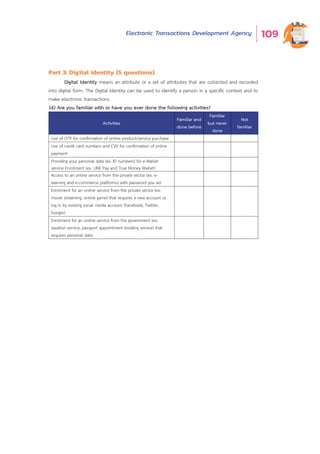 Electronic Transactions Development Agency 109
Part 3: Digital Identity (5 questions)
Digital Identity means an attribute or a set of attributes that are collected and recorded
into digital form. The Digital Identity can be used to identify a person in a specific context and to
make electronic transactions.
16) Are you familiar with or have you ever done the following activities?
Activities
Familiar and
done before
Familiar
but never
done
Not
familiar
Use of OTP for confirmation of online product/service purchase
Use of credit card numbers and CVV for confirmation of online
payment
Providing your personal data (ex. ID numbers) for e-Wallet
service Enrolment (ex. LINE Pay and True Money Wallet)
Access to an online service from the private sector (ex. e-
learning and e-commerce platforms) with password you set
Enrolment for an online service from the private sector (ex.
movie streaming, online game) that requires a new account or
log in by existing social media account (Facebook, Twitter,
Google)
Enrolment for an online service from the government (ex.
taxation service, passport appointment booking service) that
requires personal data
 