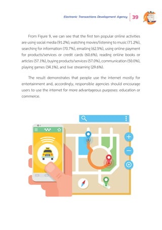 Electronic Transactions Development Agency 39
From Figure 9, we can see that the first ten popular online activities
are using social media (91.2%), watching movies/listening to music (71.2%),
searching for information (70.7%), emailing (62.5%), using online payment
for products/services or credit cards (60.6%), reading online books or
articles (57.1%), buying products/services (57.0%), communication (50.0%),
playing games (34.1%), and live streaming (29.6%).
The result demonstrates that people use the internet mostly for
entertainment and, accordingly, responsible agencies should encourage
users to use the internet for more advantageous purposes: education or
commerce.
 