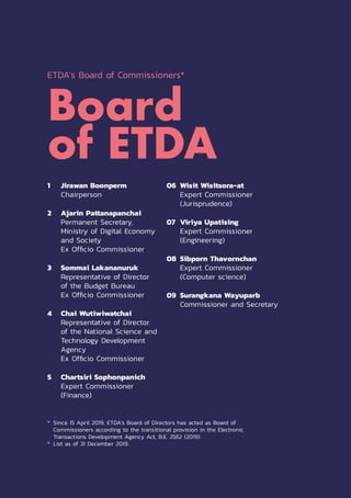 Electronic Transactions Development Agency 5
Board
of ETDA
*	 Since 15 April 2019, ETDA’s Board of Directors has acted as Board of
Commissioners according to the transitional provision in the Electronic
Transactions Development Agency Act, B.E. 2562 (2019).
*	 List as of 31 December 2019.
ETDA’s Board of Commissioners*
1	 Jirawan Boonperm
Chairperson
2	 Ajarin Pattanapanchai
Permanent Secretary,
Ministry of Digital Economy
and Society
Ex Officio Commissioner
3	 Sommai Lakananuruk
Representative of Director
of the Budget Bureau
Ex Officio Commissioner
4	 Chai Wutiwiwatchai
Representative of Director
of the National Science and
Technology Development
Agency
Ex Officio Commissioner
5	 Chartsiri Sophonpanich
Expert Commissioner
(Finance)
06	 Wisit Wisitsora-at
Expert Commissioner
(Jurisprudence)
07	 Viriya Upatising
Expert Commissioner
(Engineering)
08	 Sibporn Thavornchan
Expert Commissioner
(Computer science)
09	 Surangkana Wayuparb
Commissioner and Secretary
 