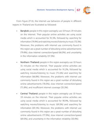 Electronic Transactions Development Agency 67
From Figure 27-31, the internet use behaviors of people in different
regions in Thailand are illustrated as followed:
•	 Bangkok: people in this region averagely use 10 hours 19 minutes
on the internet. Their popular online activities are using social
media which is accounted for 91.5%, followed by searching for
information(74.4%)andwatchingmovies/listeningtomusic(72.3%).
Moreover, the problems with internet use commonly found in
this region are a great number of disturbing online advertisements
(79.4%), slow internet connection/speed (66.5%), and uncertainty
in the information reliability (37.3%).
•	 Northern Thailand: people in this region averagely use 10 hours
31 minutes on the internet. Their popular online activities are
using social media which is accounted for 91.2%, followed by
watching movies/listening to music (71.6%) and searching for
information (66.8%). Moreover, the problems with internet use
commonly found in this region are a great number of disturbing
online advertisements (78.5%), slow internet connection/speed
(71.8%), and insufficient internet coverage (35.3%).
•	 Central Thailand: people in this region averagely use 10 hours
19 minutes on the internet. Their popular online activities are
using social media which is accounted for 90.9%, followed by
watching movies/listening to music (69.5%) and searching for
information (69.1%). Moreover, the problems with internet use
commonly found in this region are a great number of disturbing
online advertisements (77.9%), slow internet connection/speed
(69.5%), and uncertainty in the information reliability (35.4%).
 