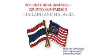 SHUBHAM AGARWAL(01)
MANSI MAHAJANI(26)
POOJA DHINGRA(37)
INTERNATIONAL BUSINESS –
COUNTRY COMPARISON
THAILAND AND MALAYSIA
 