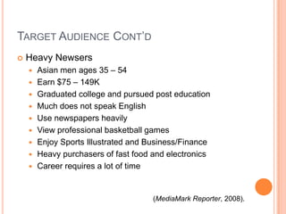 Target Audience Cont’dHeavy NewsersAsian men ages 35 – 54Earn $75 – 149KGraduated college and pursued post educationMuch does not speak EnglishUse newspapers heavilyView professional basketball gamesEnjoy Sports Illustrated and Business/FinanceHeavy purchasers of fast food and electronicsCareer requires a lot of time(MediaMark Reporter, 2008).