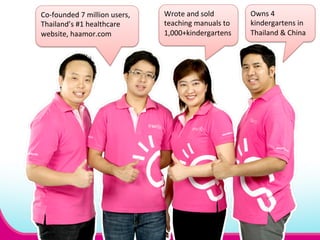 Wrote 
and 
sold 
teaching 
manuals 
to 
1,000+kindergartens 
Owns 
4 
kindergartens 
in 
Thailand 
 
China 
Co-­‐founded 
7 
million 
users, 
Thailand’s 
#1 
healthcare 
website, 
haamor.com 
 