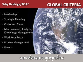 Why Baldrige/TQA?




           เกณฑ์ครอบคลุมทุกด้าน
 