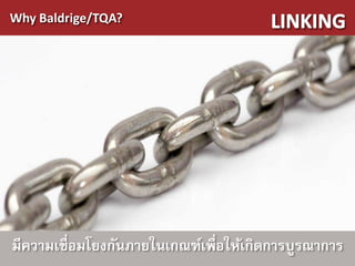 Why Baldrige/TQA?




มีความเชื่อมโยงกันภายในเกณฑ์เพื่อให้เกิดการบูรณาการ
 