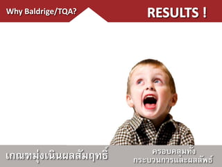 Why Baldrige/TQA?




เกณฑมุ่งเนินผลสัมฤทธิ์       ครอบคลุมทั้ง
                         กระบวนการและผลลัพธ์
 