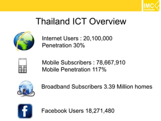 Thailand ICT Overview
 Internet Users : 20,100,000
 Penetration 30%

 Mobile Subscribers : 78,667,910
 Mobile Penetration ...