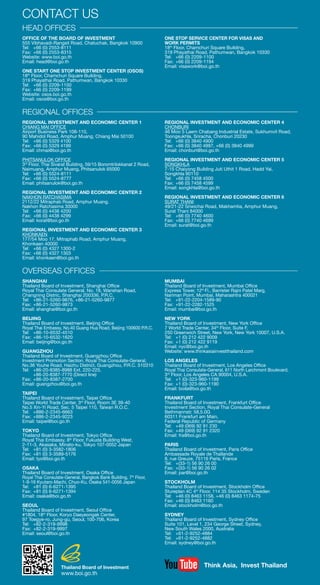 CONTACT US
HEAD OFFICES
OFFICE OF THE BOARD OF INVESTMENT
555 Vibhavadi-Rangsit Road, Chatuchak, Bangkok 10900
Tel: 	 +66 (0) 2553-8111
Fax: 	+66 (0) 2553-8315
Website: www.boi.go.th
Email: head@boi.go.th
ONE START ONE STOP INVESTMENT CENTER (OSOS)
18th
Floor, Chamchuri Square Building,
319 Phayathai Road, Pathumwan, Bangkok 10330
Tel: 	 +66 (0) 2209-1100
Fax: 	+66 (0) 2209-1199
Website: osos.boi.go.th
Email: osos@boi.go.th
ONE STOP SERVICE CENTER FOR VISAS AND
WORK PERMITS
18th
Floor, Chamchuri Square Building,
319 Phayathai Road, Pathumwan, Bangkok 10330
Tel: 	 +66 (0) 2209-1100
Fax: 	+66 (0) 2209-1194
Email: visawork@boi.go.th
REGIONAL OFFICES
REGIONAL INVESTMENT AND ECONOMIC CENTER 1
CHIANG MAI OFFICE
Airport Business Park 108-110,
90 Mahidol Road, Amphur Muang, Chiang Mai 50100
Tel: 	 +66 (0) 5329 4100
Fax: 	+66 (0) 5329 4199
Email: chmai@boi.go.th
PHITSANULOK OFFICE
3rd
Floor, Thai Sivarat Building, 59/15 Boromtrilokkanat 2 Road,
Naimuang, Amphur Muang, Phitsanulok 65000
Tel: 	 +66 (0) 5524-8111
Fax: 	+66 (0) 5524-8777
Email: phitsanulok@boi.go.th
REGIONAL INVESTMENT AND ECONOMIC CENTER 2
NAKHON RATCHASIMA
2112/22 Mitraphab Road, Amphur Muang,
Nakhon Ratchasima 30000
Tel: 	 +66 (0) 4438 4200
Fax: 	+66 (0) 4438 4299
Email: korat@boi.go.th
REGIONAL INVESTMENT AND ECONOMIC CENTER 3
KHONKAEN
177/54 Moo 17, Mitraphab Road, Amphur Muang,
Khonkaen 40000
Tel: 	 +66 (0) 4327 1300-2
Fax: 	+66 (0) 4327 1303
Email: khonkaen@boi.go.th
REGIONAL INVESTMENT AND ECONOMIC CENTER 4
CHONBURI
46 Moo 5 Laem Chabang Industrial Estate, Sukhumvit Road,
Toongsukhla, Sriracha, Chonburi 20230
Tel: 	 +66 (0) 3840 4900
Fax: 	+66 (0) 3840 4997, +66 (0) 3840 4999
Email: chonburi@boi.go.th
REGIONAL INVESTMENT AND ECONOMIC CENTER 5
SONGKHLA
7-15 Chaiyong Building Juti Uthit 1 Road, Hadd Yai,
Songkhla 90110
Tel: 	 +66 (0) 7458 4500
Fax: 	+66 (0) 7458 4599
Email: songkhla@boi.go.th
REGIONAL INVESTMENT AND ECONOMIC CENTER 6
SURAT THANI
49/21-22 Sriwichai Road, Makhamtia, Amphur Muang,
Surat Thani 84000
Tel: 	 +66 (0) 7740 4600
Fax: 	+66 (0) 7740 4699
Email: surat@boi.go.th
OVERSEAS OFFICES
SHANGHAI
Thailand Board of Investment, Shanghai Office
Royal Thai Consulate General, No. 18, Wanshan Road,
Changning Distric, Shanghai 200336, P.R.C.
Tel:	 +86-21-5260-9876, +86-21-5260-9877
Fax:	+86-21-5260-9873
Email: shanghai@boi.go.th
BEIJING
Thailand Board of Investment, Beijing Office
Royal Thai Embassy, No.40 Guang Hua Road, Beijing 100600 P.R.C.
Tel: 	 +86-10-6532-4510
Fax: 	+86-10-6532-1620
Email: beijing@boi.go.th
GUANGZHOU
Thailand Board of Investment, Guangzhou Office
Investment Promotion Section, Royal Thai Consulate-General,
No.36 Youhe Road, Haizhu District, Guangzhou, P.R.C. 510310
Tel: 	 +86-20-8385-8988 Ext. 220-225,
	 +86-20-8387-7770 (Direct line)
Fax: 	+86-20-8387-2700
Email: guangzhou@boi.go.th
TAIPEI
Thailand Board of Investment, Taipei Office
Taipei World Trade Center, 3rd
Floor, Room 3E 39-40
No.5 Xin-Yi Road, Sec. 5 Taipei 110, Taiwan R.O.C.
Tel:	 +886-2-2345-6663
Fax:	+886-2-2345-9223
Email: taipei@boi.go.th
TOKYO
Thailand Board of Investment, Tokyo Office
Royal Thai Embassy, 8th
Floor, Fukuda Building West,
2-11-3, Akasaka, Minato-ku, Tokyo 107-0052 Japan
Tel:	 +81 (0) 3-3582-1806
Fax:	+81 (0) 3-3589-5176
Email: tyo@boi.go.th
OSAKA
Thailand Board of Investment, Osaka Office
Royal Thai Consulate-General, Bangkok Bank Building, 7th
Floor,
1-9-16 Kyutaro-Machi, Chuo-Ku, Osaka 541-0056 Japan
Tel:	 +81 (0) 6-6271-1395
Fax:	+81 (0) 6-6271-1394
Email: osaka@boi.go.th
SEOUL
Thailand Board of Investment, Seoul Office
#1804, 18th
Floor, Koryo Daeyeongak Center,
97 Toegye-ro, Jung-gu, Seoul, 100-706, Korea
Tel:	 +82-2-319-9998
Fax:	+82-2-319-9997
Email: seoul@boi.go.th
MUMBAI
Thailand Board of Investment, Mumbai Office
Express Tower, 12th
Fl., Barrister Rajni Patel Marg,
Nariman Point, Mumbai, Maharashtra 400021
Tel: 	 +91-22-2204-1589-90
Fax: 	+91-22-2282-1525
Email: mumbai@boi.go.th
NEW YORK
Thailand Board of Investment, New York Office
7 World Trade Center, 34th
Floor, Suite F,
250 Greenwich Street, New York, New York 10007, U.S.A.
Tel: 	 +1 (0) 212 422 9009
Fax: 	+1 (0) 212 422 9119
Email: nyc@boi.go.th
Website: www.thinkasiainvestthailand.com
LOS ANGELES
Thailand Board of Investment, Los Angeles Office
Royal Thai Consulate-General, 611 North Larchmont Boulevard,
3rd
Floor, Los Angeles CA 90004, U.S.A.
Tel: 	 +1 (0)-323-960-1199
Fax: 	+1 (0)-323-960-1190
Email: boila@boi.go.th
FRANKFURT
Thailand Board of Investment, Frankfurt Office
Investment Section, Royal Thai Consulate-General
Bethmannstr. 58,5.0G
60311 Frankfurt am Main,
Federal Republic of Germany
Tel: 	 +49 (069) 92 91 230
Fax: 	+49 (069) 92 91 2320
Email: fra@boi.go.th
PARIS
Thailand Board of Investment, Paris Office
Ambassade Royale de Thaïlande
8, rue Greuze, 75116 Paris, France
Tel: 	 +(33-1) 56 90 26 00
Fax: 	+(33-1) 56 90 26 02
Email: par@boi.go.th
STOCKHOLM
Thailand Board of Investment, Stockholm Office
Stureplan 4C 4th
Floor, 114 35 Stockholm, Sweden
Tel:	 +46 (0) 8463 1158, +46 (0) 8463 1174-75
Fax:	+46 (0) 8463 1160
Email: stockholm@boi.go.th
SYDNEY
Thailand Board of Investment, Sydney Office
Suite 101, Level 1, 234 George Street, Sydney,
New South Wales 2000, Australia
Tel: 	 +61-2-9252-4884
Tel: 	 +61-2-9252-4882
Email: sydney@boi.go.th
Thailand Board of Investment
www.boi.go.th
Think Asia, Invest Thailand
 