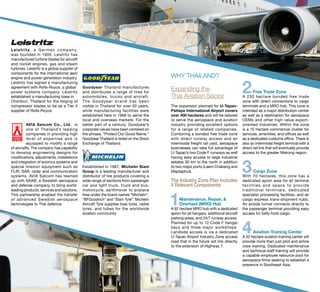 Leistritz, a German company,
was founded in 1905. Leistritz has
manufactured turbine blades for aircraft
and rocket engines, gas and steam
turbines. Leistritz is a global supplier of
components for the international aero
engine and power generation industry.
Leistritz has signed a manufacturing
agreement with Rolls-Royce, a global
power systems company. Leistritz
established a manufacturing base in
Chonburi, Thailand for the forging of
compressor blades to be as a Tier II
supplier of Rolls-Royce.
AVIA Satcom Co., Ltd. is
one of Thailand’s leading
companies in providing high
level of expertise and is
equipped to modify a range
of aircrafts. The company has capability
to develop engineering designs for
modifications, adjustments, installations
and integration of avionics systems and
special mission equipment such as
FLIR, SAR, radar and communication
systems. AVIA Satcom has teamed
up with SAAB, a Swedish aerospace
and defense company, to bring world-
leading products, services and solutions.
This partnership enabled the transfer
of advanced Swedish aerospace
technologies to Thai defence.
Goodyear Thailand manufactures
and distributes a range of tires for
automobiles, trucks and aircraft.
The Goodyear brand has been
visible in Thailand for over 50 years,
while manufacturing facilities were
established here in 1968 to serve the
local and overseas markets. For the
better part of a century, Goodyear’s
corporate values have been centered on
the phrase, “Protect Our Good Name.”
Goodyear Thailand is listed on the Stock
Exchange of Thailand.
Established in 1987, Michelin Siam
Group is a leading manufacturer and
distributor of tire products covering a
wide range of sections from passenger
car and light truck, truck and bus,
motorcycle, earthmover to airplane
tires under the brand names “Michelin”,
“BFGoodrich” and “Siam Tyre”. Michelin
Aircraft Tyre supplies bias tyres, radial
tyres, and tubes for the worldwide
aviation community
WHY THAILAND?
Expanding the
Thai Aviation Sector
The expansion planned for U-Tapao-
Pattaya International Airport covers
over 400 hectares and will be tailored
to serve the aerospace and aviation
industry providing excellent options
for a range of related companies.
Combining a bonded free trade zone
with direct runway access and an
intermodal freight rail yard, aerospace
businesses can take full advantage of
U-Tapao’s two Code F runways as well
having easy access to large industrial
estates 30 km to the north in addition
to two major ports (Laem Chabang and
Maptaphut).
The Industry Zone Plan Includes
4 Relevant Components:
1Maintenance, Repair, &
Overhaul (MRO) Hub
A 92 hectare MRO hub with a dedicated
apron for all hangars, additional aircraft
parking areas, and 24/7 runway access.
Planned for up to 12 Code F hangar
bays and three major workshops.
Landside access is via a dedicated
U-Tapao Airport Industry Zone access
road that in the future will link directly
to the extension of Highway 7.
2Free Trade Zone
A 230 hectare bonded free trade
zone with direct connections to cargo
terminals and a MRO hub. This zone is
intended as a major distribution center
as well as a destination for aerospace
OEMs and other high value export-
oriented industries. Within the zone
is a 15 hectare commercial cluster for
services, amenities, and offices as well
as a dedicated customs office. There is
also an intermodal freight terminal with a
direct rail link that will eventually provide
access to the greater Mekong region.
3Cargo Zone
With 70 hectares, this zone has a
dedicated apron area for all terminal
facilities and space to provide
traditional terminals, dedicated
specialist processing facilities, and air
cargo express trans-shipment hubs.
An airside tunnel connects directly to
the passenger terminal providing easy
access for belly-hold cargo.
4Aviation Training Center
A 32 hectare aviation training center will
provide more than just pilot and airline
crew training. Dedicated maintenance
and technical staff training will provide
a capable employee resource pool for
aerospace firms seeking to establish a
presence in Southeast Asia.
 