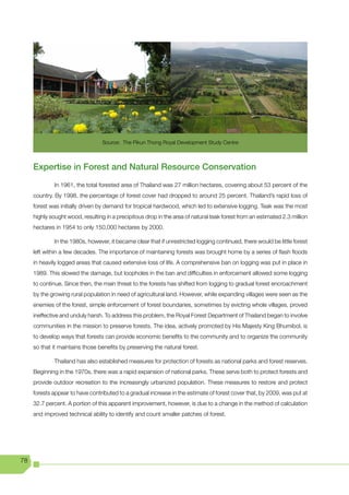 Source: The Pikun Thong Royal Development Study Centre



     Expertise in Forest and Natural Resource Conservation
             In 1961, the total forested area of Thailand was 27 million hectares, covering about 53 percent of the
     country. By 1998, the percentage of forest cover had dropped to around 25 percent. Thailand’s rapid loss of
     forest was initially driven by demand for tropical hardwood, which led to extensive logging. Teak was the most
     highly sought wood, resulting in a precipitous drop in the area of natural teak forest from an estimated 2.3 million
     hectares in 1954 to only 150,000 hectares by 2000.

             In the 1980s, however, it became clear that if unrestricted logging continued, there would be little forest
     left within a few decades. The importance of maintaining forests was brought home by a series of flash floods
     in heavily logged areas that caused extensive loss of life. A comprehensive ban on logging was put in place in
     1989. This slowed the damage, but loopholes in the ban and difficulties in enforcement allowed some logging
     to continue. Since then, the main threat to the forests has shifted from logging to gradual forest encroachment
     by the growing rural population in need of agricultural land. However, while expanding villages were seen as the
     enemies of the forest, simple enforcement of forest boundaries, sometimes by evicting whole villages, proved
     ineffective and unduly harsh. To address this problem, the Royal Forest Department of Thailand began to involve
     communities in the mission to preserve forests. The idea, actively promoted by His Majesty King Bhumibol, is
     to develop ways that forests can provide economic benefits to the community and to organize the community
     so that it maintains those benefits by preserving the natural forest.

             Thailand has also established measures for protection of forests as national parks and forest reserves.
     Beginning in the 1970s, there was a rapid expansion of national parks. These serve both to protect forests and
     provide outdoor recreation to the increasingly urbanized population. These measures to restore and protect
     forests appear to have contributed to a gradual increase in the estimate of forest cover that, by 2009, was put at
     32.7 percent. A portion of this apparent improvement, however, is due to a change in the method of calculation
     and improved technical ability to identify and count smaller patches of forest.




78
 