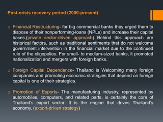 Post-crisis recovery period (2000-present)
o Financial Restructuring- for big commercial banks they urged them to
dispose of their nonperforming-loans (NPLs) and increase their capital
bases.(private sector-driven approach) Behind this approach are
historical factors, such as traditional sentiments that do not welcome
government intervention in the financial market due to the continued
rule of the oligopolies. For small- to medium-sized banks, it promoted
nationalization and mergers with foreign banks.
o Foreign Capital Dependence- Thailand is Welcoming many foreign
companies and promoting economic strategies that depend on foreign
capital is one of their strategies.
o Promotion of Exports- The manufacturing industry, represented by
automobiles, computers, and related parts, is certainly the core of
Thailand’s export sector. It is the engine that drives Thailand’s
economy. (export-driven strategy)
 