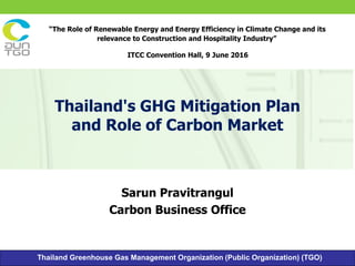 Thailand Greenhouse Gas Management Organization (Public Organization) (TGO)
Thailand's GHG Mitigation Plan
and Role of Carbon Market
Sarun Pravitrangul
Carbon Business Office
“The Role of Renewable Energy and Energy Efficiency in Climate Change and its
relevance to Construction and Hospitality Industry”
ITCC Convention Hall, 9 June 2016
 