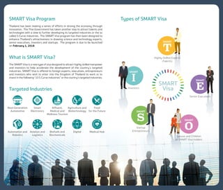 Smart
Electronics
Aviation and
Logistics
Afﬂuent,
Medical and
Wellness Tourism
Biofuels and
Biochemicals
Next-Generation
Automotive
Automation and
Robotics
Food
for the Future
Medical HubDigital
Agriculture and
Biotechnology
SMART Visa Program
Thailand has been making a series of efforts in driving the economy through
innovation. The Thai Government has taken another step to attract talents and
technologies with a view to further developing its targeted industries or the so
called S-Curve industries. The SMART Visa program has then been designed to
enhance Thailand’s attractiveness in drawing science and technology experts,
senior executives, investors and startups. The program is due to be launched
on February 1, 2018.
What is SMART Visa?
The SMART Visa is a new type of visa designed to attract highly skilled manpower
and investors to help accelerate the development of the country’s targeted
industries. SMART Visa is offered to foreign experts, executives, entrepreneurs
and investors who wish to enter into the Kingdom of Thailand to work or to
invest in the following “10 S-Curve industries” or the country’s targeted industries.
Targeted Industries
Highly-Skilled Experts
(Talents)
SMART
T
Senior Executives
SMART
E
Spouse and Children
of SMART Visa holders
SMART
O
Investors
SMART
I
Startup
Entrepreneurs
SMART
S
SMART
Visa
Types of SMART Visa
 