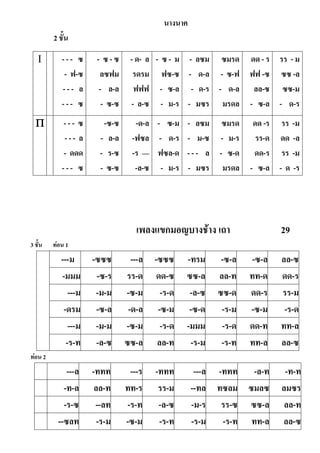นางนาค
2 ชัน
เพลงแขกมอญบางช้าง เถา 29
3 ชัน ท่อน 1
---ม -ซซซ ---ล -ซซซ -ทรม -ซ-ล -ซ-ล ลล-ซ
-มมม -ซ-ร รร-ด ดด-ซ ซซ-ล ลล-ท ทท-ด ดด-ร
---ม -ม-ม -ซ-ม -ร-ด -ล-ซ ซซ-ด ดด-ร รร-ม
-ดรม -ซ-ล -ด-ล -ซ-ม -ซ-ด -ร-ม -ซ-ม -ร-ด
---ม -ม-ม -ซ-ม -ร-ด -มมม -ร-ด ดด-ท ทท-ล
-ร-ท -ล-ซ ซซ-ล ลล-ท -ร-ม -ร-ท ทท-ล ลล-ซ
ท่อน 2
---ล -ททท ---ร -ททท ---ล -ททท -ล-ท -ท-ท
-ท-ล ลล-ท ทท-ร รร-ม --ทล ทซลม ซมลซ ลมซร
-ร-ซ --ลท -ร-ท -ล-ซ -ม-ร รร-ซ ซซ-ล ลล-ท
--ซลท -ร-ม -ซ-ม -ร-ท -ร-ม -ร-ท ทท-ล ลล-ซ
 - - - ซ
- ฟ-ซ
- - - ล
- - - ซ
- ซ - ซ
ลซฟม
- ล-ล
- ซ-ซ
- ด- ล
รดรม
ฟฟฟ
- ล-ซ
- ซ - ม
ฟซ-ซ
- ซ-ล
- ม-ร
- ลซม
- ด-ล
- ด-ร
- มซร
ซมรด
- ซ-ฟ
- ด-ล
มรดล
ดด - ร
ฟฟ -ซ
ลล-ซ
- ซ-ล
รร - ม
ซซ -ล
ซซ-ม
- ด-ร
 - - - ซ
- - - ล
- ดดด
- - - ซ
-ซ-ซ
- ล-ล
- ร-ซ
- ซ-ซ
-ด-ล
-ฟซล
-ร —
-ล-ซ
- ซ-ม
- ด-ร
ฟซล-ด
- ม-ร
- ลซม
- ม-ซ
- - - ล
- มซร
ซมรด
- ม-ร
- ซ-ด
มรดล
ดด -ร
รร-ด
ดด-ร
- ซ-ล
รร -ม
ดด -ล
รร -ม
- ด -ร
 
