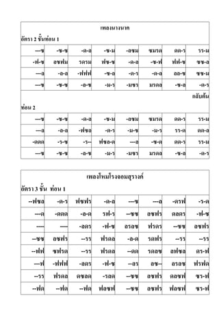 เพลงนางนาค
อัตรา 2 ชันท่อน 1
---ซ -ซ-ซ -ด-ล -ซ-ม -ลซม ซมรด ดด-ร รร-ม
-ฟ-ซ ลซฟม รดรม ฟซ-ซ -ด-ล -ซ-ฟ ฟฟ-ซ ซซ-ล
---ล -ล-ล -ฟฟฟ -ซ-ล -ด-ร -ด-ล ลล-ซ ซซ-ม
---ซ -ซ-ซ -ล-ซ -ม-ร -มซร มรดล -ซ-ล -ด-ร
กลับต้น
ท่อน 2
---ซ -ซ-ซ -ด-ล -ซ-ม -ลซม ซมรด ดด-ร รร-ม
---ล -ล-ล -ฟซล -ด-ร -ม-ซ -ม-ร รร-ด ดด-ล
-ดดด -ร-ซ -ร-- ฟซล-ด ---ล -ซ-ด ดด-ร รร-ม
---ซ -ซ-ซ -ล-ซ -ม-ร -มซร มรดล -ซ-ล -ด-ร
เพลงโหมโรงจอมสุรางค์
อัตรา 3 ชัน ท่อน 1
--ฟซล -ด-ร ฟซฟร -ด-ล ---ซ ---ล -ดรฟ -ร-ด
---ด -ดดด -ล-ด รฟ-ร --ซซ ลซฟร ดลดร -ฟ-ซ
---- ---- -ลดร -ฟ-ซ ลรลซ ฟรดร --ซซ ลซฟร
--ซซ ลซฟร --รร ฟรดล -ล-ด รดฟร --รร --รร
--ฟฟ ซฟรด --รร ฟรดล --ดด รดลซ ลฟซล ดร-ฟ
---ฟ -ฟฟฟ -ลดร -ฟ-ซ --ลร ลซ-- ลรลซ ฟรฟด
--รร ฟรดล ดซลด -รลด --ซซ ลซฟร ดลซฟ ซร-ฟ
--ฟด --ฟด --ฟด ฟลซฟ --ซซ ลซฟร ฟลซฟ ซร-ฟ
 