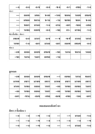 ---ล -ล-ล -ด-ซ -ล-ด -ซ-ล -ด-ร -ลซม -ร-ด
ท่อน 2
---- ลลดซ มซล- ซ-ลด --รดล ซลดม รดลซ ลซมซ
---- มซลด ซดรม ซ-รม --รม ซลซล ซลด- ซ-ลด
---- ซลดร มรมด -ร-ม -ดรม -ลดร -ซลด -มซล
---- รมซล ดลดซ -ล-ด --ซล ดร-- มรซม -ร-ด
อัตราชันเดียว ท่อน 1
ลซมซ -ล-ด มรดร -ม-ซ ---~ซ -ซ-ฟ มรดม รดรด
รดซด -ร-ม -ลดร มรดล -ลดร ดลดซ ลซมซ -ล-ด
ท่อน 2
--มซ ลดลด ลดลซ ลซมซ --ซด รมรม ซมรด รดลด
--ซด รมรม รมดร ลดซล --รม
ลูกหมด
--มซ ลดลด ลดลซ ลซมซ ---ร ดลซม รดรม ซมดร
มรซซ ลซรร มรซซ ลซรร มรซซ ลซรร มรซซ ลซรร
มรดด รดซล ดลดด รดลร --ดด รดซล ดลซม รมดร
--ดด รดซล ดลดด รดลร --ดด รดซล ดลซม รมดร
-มดร -ซรม -ลมซ -ดซล -ลมซ -ดซล -รลด -มดร
เพลงชมแสงจันทร์ เถา
อัตรา 3 ชันท่อน 1
---ด ---ล ---ซ ---ม ---- ---ร มรมด -ร-ม
---ร ---ม ---ซ ---ล ---ร ---ด ---ล ---ซ
---ด ---ล ---ซ ---ม ---- ---ร มรมด -ร-ม
 