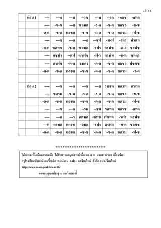 หน้า 13
ท่อน 1 ---- ---ซ ---ม --รซ ---ม --รด -ทดซ -ลทด
---- -ซ-ซ ---ล ซลทด -ร-ด -ซ-ด ทลซล -ซ-ซ
-ด-ด -ซ-ด ทลซล -ซ-ซ -ด-ด -ซ-ด ซดรม -ฟ-ซ
---- ---ซ ---ด ---ล --ซฟ -ม-ฟ -รดร ฟรดท
-ท-ท ซดทซ -ซ-ล ซลทด -รฟร ดรฟซ -ด-ล ซลฟซ
---- ลซฟร --ดฟ ดรฟซ -ฟ-ร ดรฟท -ซ-ท ซทดร
---- ดรฟซ -ท-ด รทดร -ด-ด -ซ-ด ทลซล ฟซซซ
-ด-ด -ซ-ด ทลซล -ซ-ซ -ด-ด -ซ-ด ซดรม -ร-ด
ท่อน 2 ---- ---ซ ---ด ---ซ ---ม รมซด ทดรท ดรทด
---- ซดรม -ซ-ม -ร-ด -ร-ด -ซ-ด ทลซล -ซ-ซ
-ด-ด -ซ-ด ทลซล -ซ-ซ -ด-ด -ซ-ด ซดรม -ฟ-ซ
---- ---ซ ---ด --รม --ซม รดทด ทดรซ -ลทด
---- ---ด ---ร ดรทด -ซทซ ฟซทด -รฟร ดรฟซ
---ท ดรทด ทดรซ -ลทด -รฟร ดรฟด -ซ-ด ซลซซ
-ด-ด -ซ-ด ทลซล -ซ-ซ -ด-ด -ซ-ด ซดรม -ฟ-ซ
****************************
โน้ตเพลงพืนเมืองภำคเหนือ ได้รับควำมอนุเครำะห์เนือเพลงจำก นำงสำวอรสำ เอืองเขียว
ครูโรงเรียนบ้ำนแม่งอนขีเหล็ก ต.แม่งอน อ.ฝำง จ.เชียงใหม่ สังกัด อปจ.เชียงใหม่
http://www.maengonkilek.ac.th/
ขอขอบคุณอย่ำงสูงมำ ณ โอกำสนี
ผู้จัดทํำเว็บไซต์
 