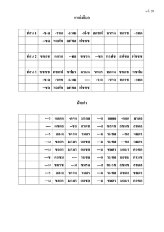 หน้า 20
แหย่งผีมด
ท่อน 1 -ซ-ด -รทด -มมม -ฟ-ซ ดดซฟ มรทด ทดรซ -ลทด
--ซด ทลฟซ ลฟซล ฟซซซ
ท่อน 2 ซซลซ ดดรด --ทล ซซรด --ซด ทลฟซ ลฟซล ฟซซซ
ท่อน 3 ซซซซ ทซทฟ ซฟมร มรมด รทดร ทดดด ซซดซ ทซฟม
-ซ-ด -รทซ -มมม ---- -ร-ด -รทด ทดรซ -ลทด
--ซด ทลฟซ ลฟซล ฟซซซ
ฝ้ำยคํำ
---ร ดดดด -ดดด มรดล ---ด ลลลล -ดดด มรดล
---- ดซดล --ซล ดรดซ ---ล ซลดซ ลซมซ ลซดล
---ร ดล-ด รดลด รมดร ---ม รมซล --ซล ดมดร
---ม ซลดร มดมร ดลซด ---ม รมซล ---ซล ดมดร
---ม ซลดร มดมร ดลซด ---ม ซลดร มดมร ดลซด
---ซ ดลซม ---- รมซล ---ด รมซล มลซม ดรมซ
---ม ซมรซ ---ม ซมรด ---ล ซมลซ ลซมซ ลซดล
---ร ดล-ด รดลด รมดร ---ม รมซล ดซดล ซมดร
---ม ซลดร มดมร ดลซด ---ม ซลดร มดมร ดลซด
 