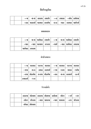 หน้า 26
ป้อก้ำหมูน้อย
---ซ -ซ-ซ ลดลซ ลซฟร ---ล ลซลล --ฟซ ลฟซซ
--ดล ซลดฟ ซลซด ดดฟซ -ด-ล -ซล- ดลซล ซฟรฟ
ลอยลมบน
---ซ -ซ-ซ ซฟซล ดซฟร ---ซ -ซ-ซ ซฟซล ดซฟร
--ซด --ซท ซดซท ดรดท --ซฟ --ซล ซฟซล ดทลซ
ซฟซล ดทลซ
ลํำปำงกลำง
---ซ ทดทด รดรซ ทดทด ---ซ ทดทด รดรซ ทดทด
--ซซ -ซ-ด -ลซล ดลซฟ --รซ -รดท -ซทด -รฟซ
--ดซ ฟมฟซ ด-ดซ ฟมฟซ --ดด -ซ-ซ ดลซฟ -ม-ฟ
มซมฟ -ร-ด
รํำวงบ่เก่ำ
ดดดซ ฟลซซ ดดดซ ฟลซซ ลฟลซ -ฟดร ---ฟ --ดร
-ฟดร ฟรดท --ซท ซทดซ --ซท ซทดท --ดร ฟรดท
-ฟซล ฟซซซ
 