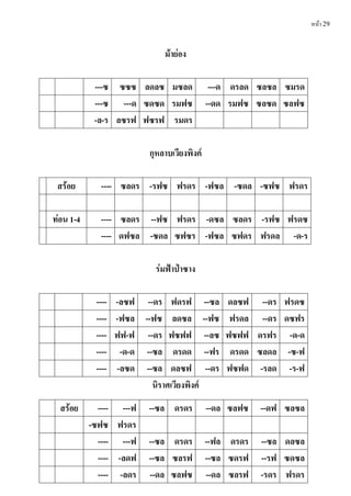 หน้า 29
ม้ำย่อง
---ซ ซซซ ลดลซ มซลด ---ด ดรลด ซลซล ซมรด
---ซ ---ด ซดซด รมฟซ --ดด รมฟซ ซลซด ซลฟซ
-ล-ร ลซรฟ ฟซรฟ รมดร
กุหลำบเวียงพิงค์
สร้อย ---- ซลดร -รฟซ ฟรดร -ฟซล -ซดล -ซฟซ ฟรดร
ท่อน 1-4 ---- ซลดร --ฟซ ฟรดร -ดซล ซลดร -รฟซ ฟรดซ
---- ดฟซล -ซดล ซฟซร -ฟซล ซฟดร ฟรดล -ด-ร
ร่มฟ้ำป่ำซำง
---- -ลซฟ --ดร ฟดรฟ --ซล ดลซฟ --ดร ฟรดซ
---- -ฟซล --ฟซ ลดซล --ฟซ ฟรดล --ดร ดซฟร
---- ฟฟ-ฟ --ดร ฟซฟฟ --ลซ ฟซฟฟ ดรฟร -ด-ด
---- -ด-ด --ซล ดรดด --ฟร ดรดด ซลดล -ซ-ฟ
---- -ลซด --ซล ดลซฟ --ดร ฟซฟด -รลด -ร-ฟ
นิรำศเวียงพิงค์
สร้อย ---- ---ฟ --ซล ดรดร --ดล ซลฟซ --ดฟ ซลซล
-ซฟซ ฟรดร
---- ---ฟ --ซล ดรดร --ฟล ดรดร --ซล ดลซล
---- -ลดฟ --ซล ซลรฟ --ซล ซดรฟ --รฟ ซดซล
---- -ลดร --ดล ซลฟซ --ดล ซลรฟ -รดร ฟรดร
 