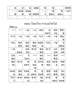 ล ล ล ลลล ช ช ชชช
- - -
ฟ
ชลด
ฟ
ชลด
ฟ
-
ฟฟฟ
- - -
ร
ฟ
ชลร
ฟ
ชลร
- รรร
เพลง โหมโรง กระแตไต่ไม้
ท่อน ๑
---- ---- ---ด ---ร --ดท ล
ทดร
ซด
รม
ฟซ-
ซ
-ร-ร ---ม ---ซ ---ล -ร-ร ---ด ---ล ซม-
ซ
--รม ซล
ซซ
ดล
ซม
ซล
ซซ
ดดด
ด
-ร-ม ---ซ ล
ซดล
---ล -
ลลล
มด
รม
-ซ-ล ซม
ซล
-ด-ร มร
ดล
ดซ
ลด
มม
ซม
---- ร
รมร
---- มม
ซม
---- ซล
ซซ
----
ซด
รม
-ซ-ล ซ
ลดร
ด
ทล
ซ
ดรด
ซ
ดล
ซม
รมซ
ล
ซฟ
มร
รมซ
ล
ซด
ซล
รมซ
ล
ซ
ลดร
ซ
รมฟ
ซฟ
มร
มฟ
ซฟ
มร
ดล
รรร
ร
-ด-ด ลลล
ล
-ด-ด รม
รด
-ล-ด ซ
ลดร
ด
ทลซ
 